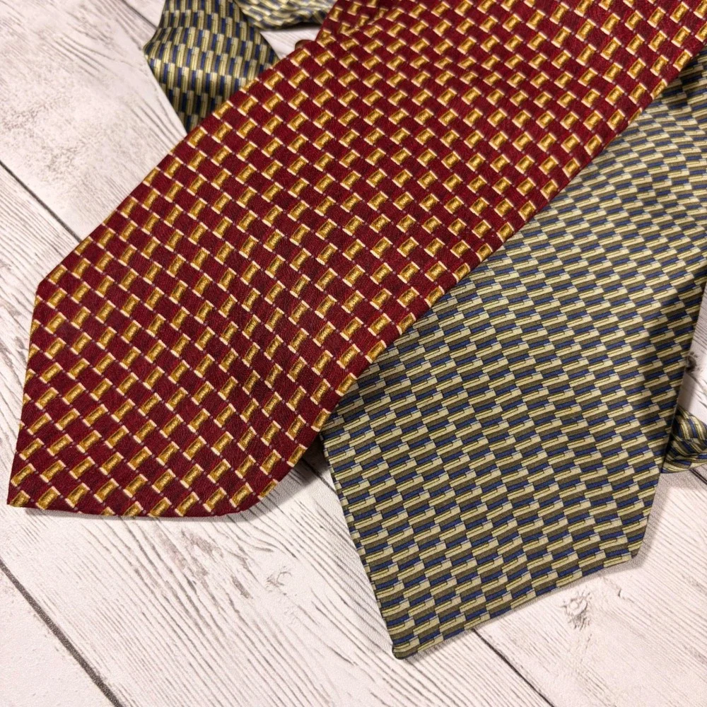 Perry Ellis Portfolio Mens Silk Tie Lot 2 Burgundy Red Olive Green Geometric USA
